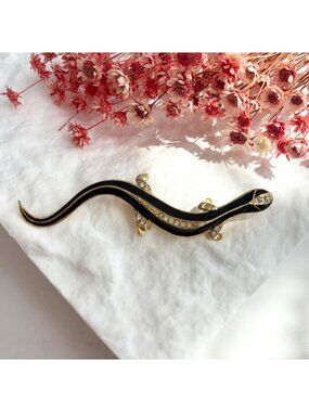Lizard Figural Black Enameled Gold Toned Rhinestone Vintage Handmade Brooch